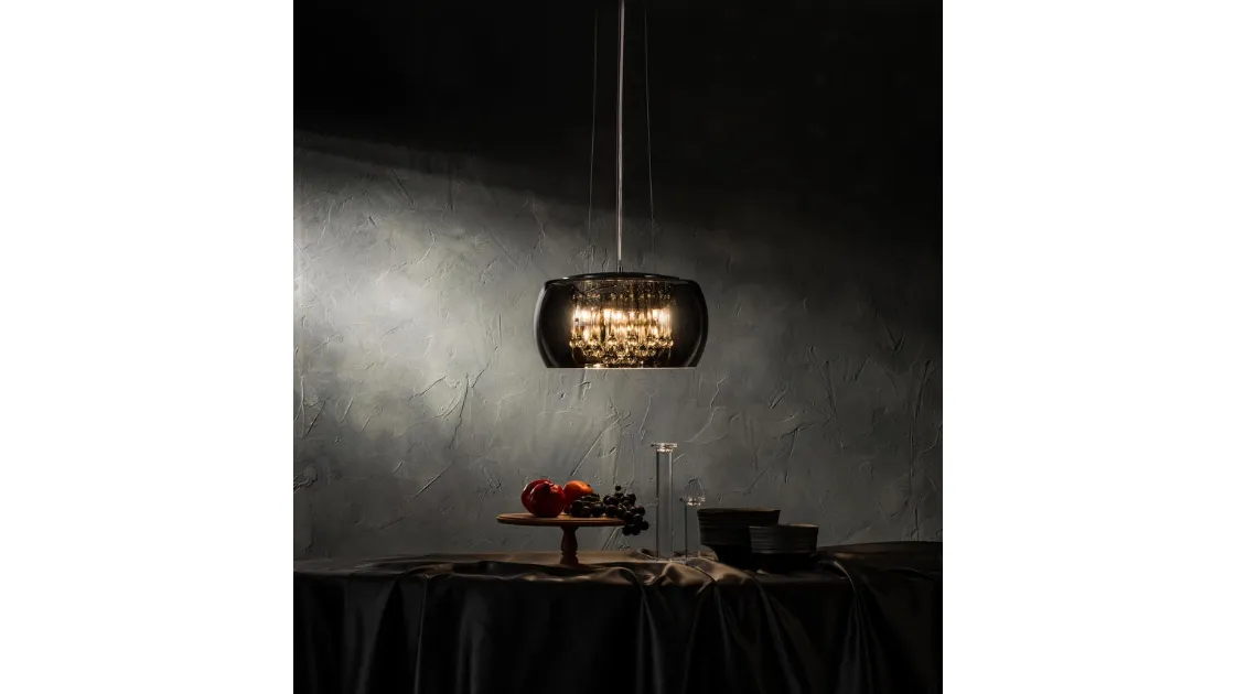 Lampada a sospensione Mirror in vetro e specchio color cromo con pendenti in cristallo di Stones