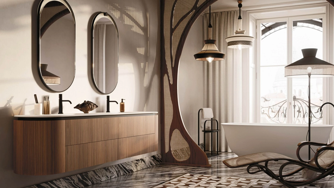 Mobile da Bagno sospeso Almond 07 in Groove Noce Canaletto di Arbi