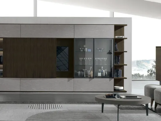 Parete Attrezzata Atlante UNIT AT211 in materico rovere moka, legno rovere moka canettè e materico piasentina scuro di Tomasella