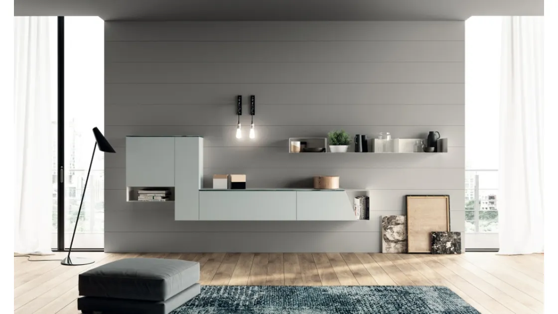 Parete Attrezzata sospesa Living Mood in laccato opaco Ghiaccio di Scavolini