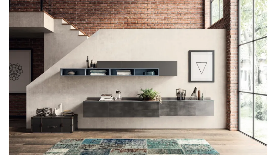 Parete Attrezzata sospesa Living Mood in decorativo Oxide Steel di Scavolini