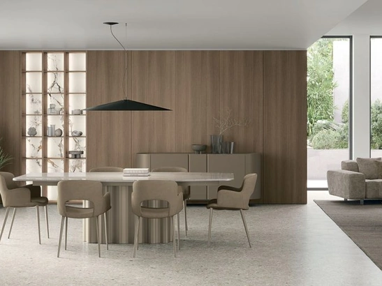 Tavolo Fortuny con piano in gres e struttura in metallo di Tomasella