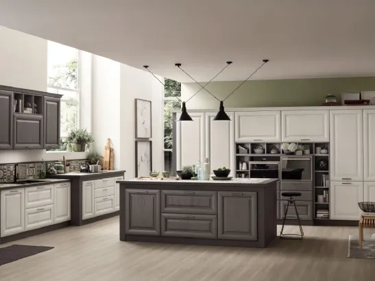 Cucina Classica con isola Lola in Frassino Decapè Ghiaccio e Grigio Antracite di Arrex