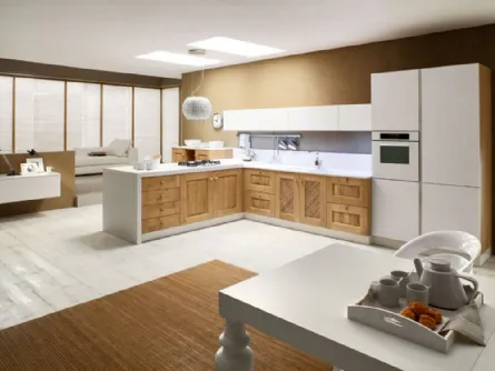 Cucina angolare in Muratura Carola in legno di Rovere naturale e Laccato Bianco lucido di Arrex