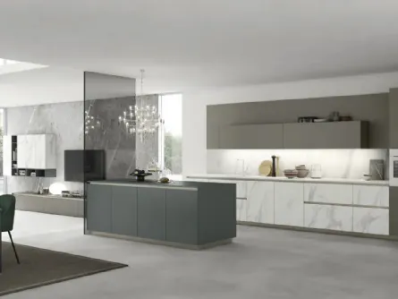 Cucina Moderna con isola AL 32 01 in HPL Calacatta, vetro e Fenix di Arrex