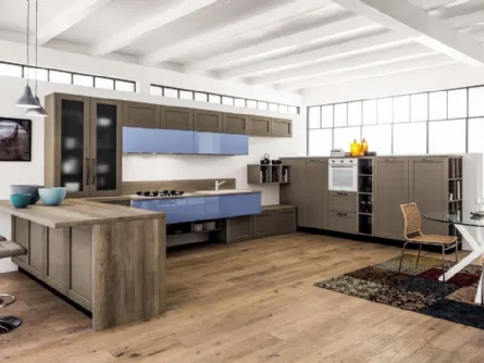 Cucina Moderna angolare con penisola Curry mod Timo in Rovere laccato e laccato lucido colore Nuvola di Arrex