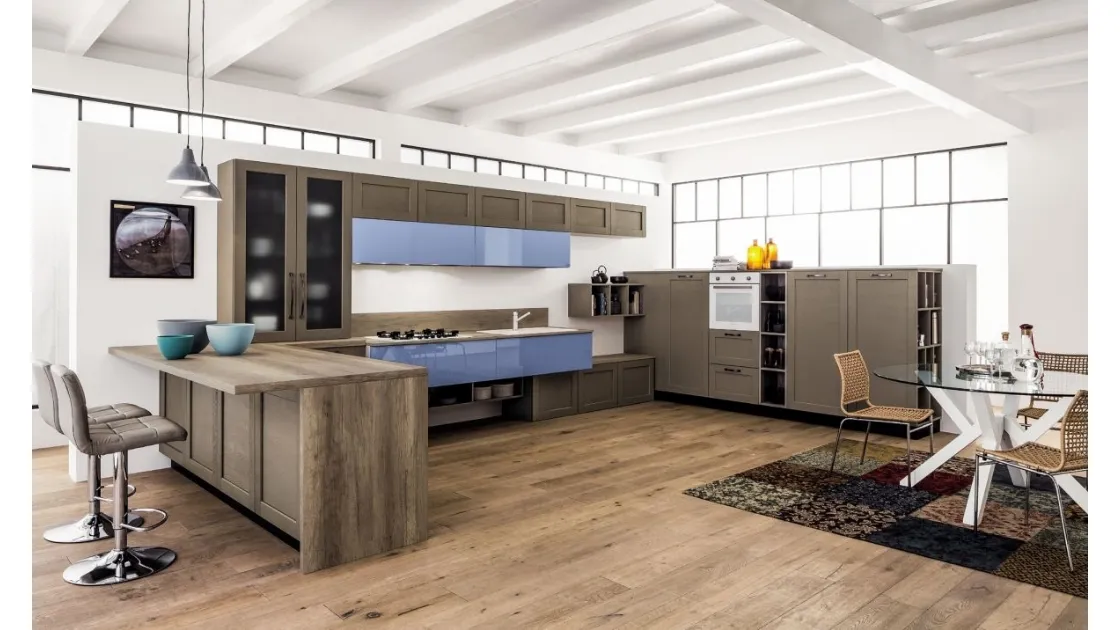 Cucina Moderna angolare con penisola Curry mod Timo in Rovere laccato e laccato lucido colore Nuvola di Arrex