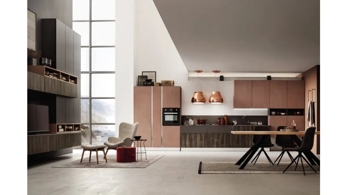 Cucina Moderna lineare Lab in finitura legno Old Oak Petrolio e Oxide Mattone di Arrex