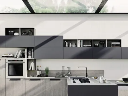 Cucina Moderna angolare in laminato effetto cemento con penisola Loft Wall di Arrex