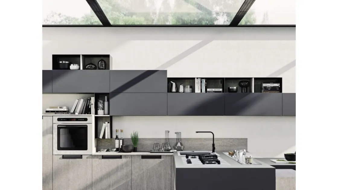 Cucina Moderna angolare in laminato effetto cemento con penisola Loft Wall di Arrex