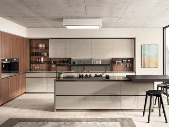 Cucina Moderna Boxi in laccato lucido Visone e Noce Sunset di Scavolini