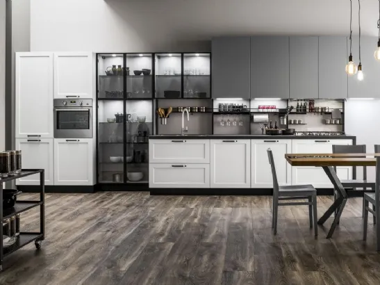 Cucina Moderna lineare Dallas 03 in PET Zucchero con Vetrine di Arrex