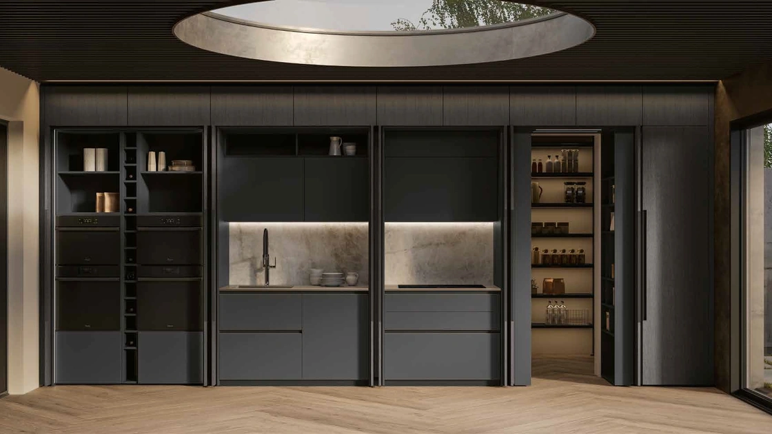 Cucina Moderna lineare Daytona Living in pet Ardesia con ante scorrevoli in legno di Arrex