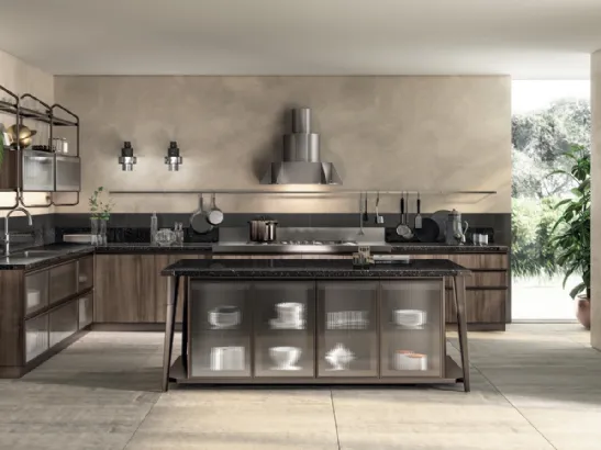 Cucina Moderna angolare con isola Diesel Open Workshop Noce Garden di Scavolini