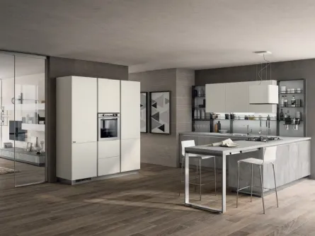 Cucina Moderna angolare con penisola Evolution in decorativo Concrete Medium e laccato Bianco opaco di Scavolini