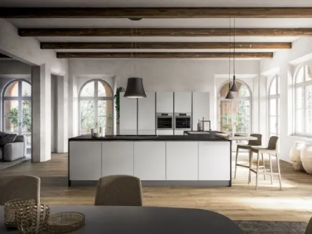Cucina Moderna angolare con penisola Fenix in laminato Bianco Kos di Arrex