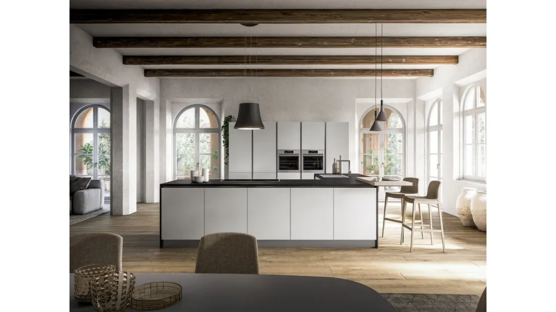 Cucina Moderna angolare con penisola Fenix in laminato Bianco Kos di Arrex
