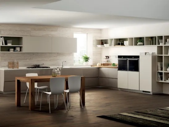 Cucina Moderna Flux Swing in laccato lucido Visone e opaco Tortora di Scavolini