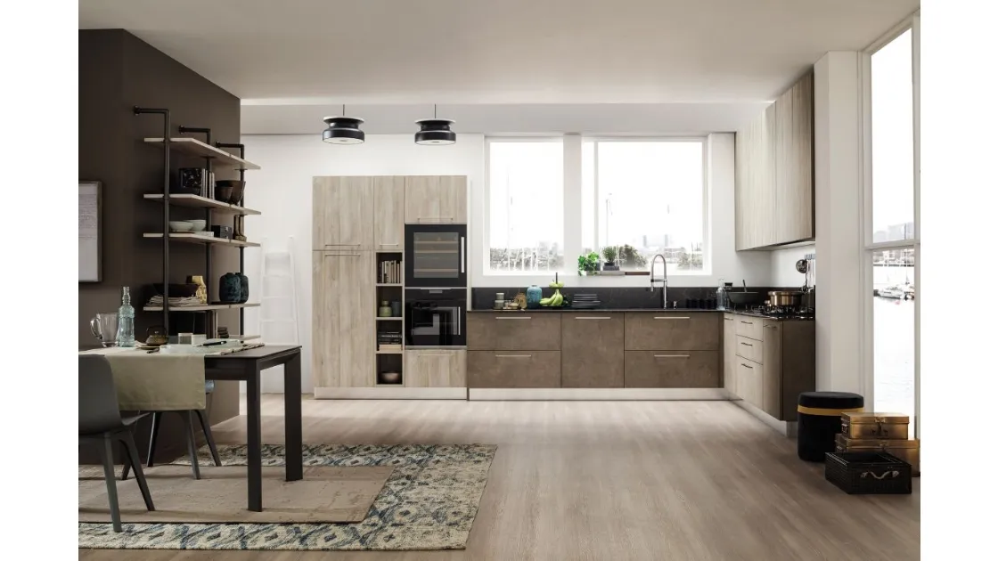 Cucina Moderna angolare finitura Lab Oxide Terra e Old Oak Mandorla di Arrex