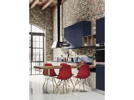 Cucina Moderna lineare Loft Soft in laccato Blu e finitura impiallacciato Wood Neve di Arrex