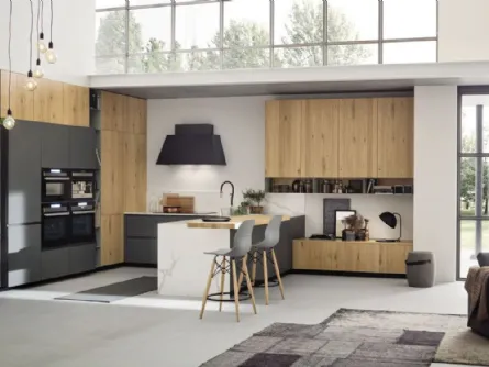 Cucina Moderna angolare con penisola Loft Wood Naturale di Arrex