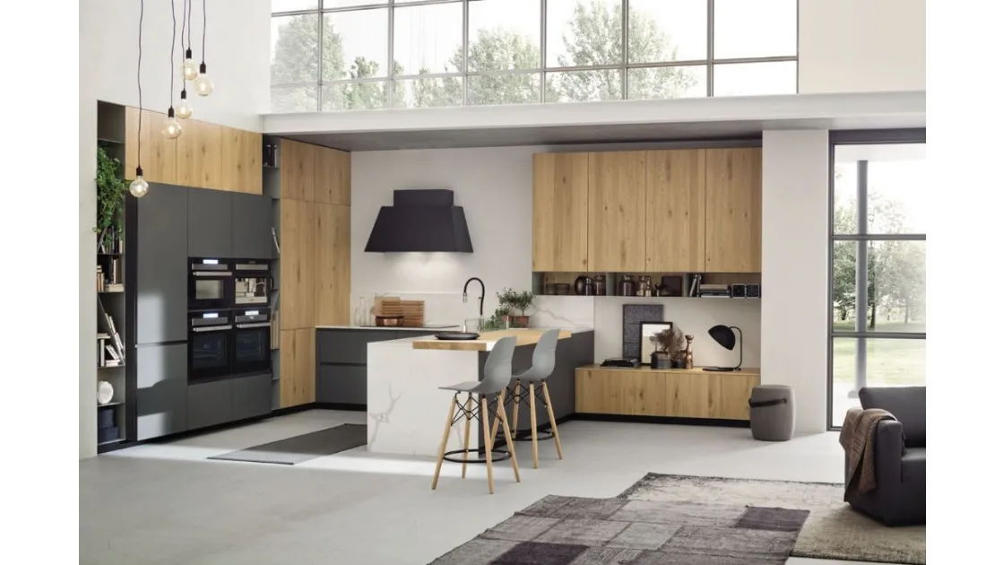 Cucina Moderna angolare con penisola Loft Wood Naturale di Arrex