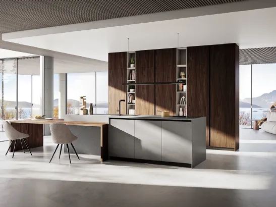 Cucina Moderna con isola Q01 001 effetto legno e effetto pietra di Ar-due