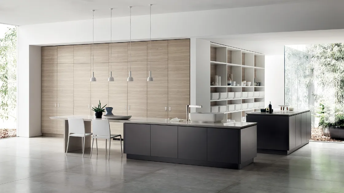 Cucina Moderna Qi con doppia isola in laccato Grigio Ferro e Olmo Hono di Scavolini