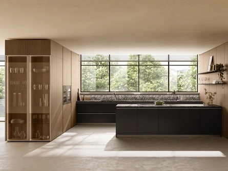 Cucina Moderna con penisola Stilo 02 in decorativo Ink Black e Quercia Toffee di Scavolini