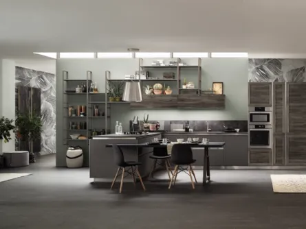 Cucina Moderna angolare con penisola Twin Nichel e Okobo Dark di Arrex