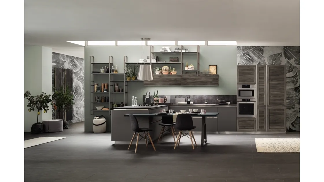 Cucina Moderna angolare con penisola Twin Nichel e Okobo Dark di Arrex
