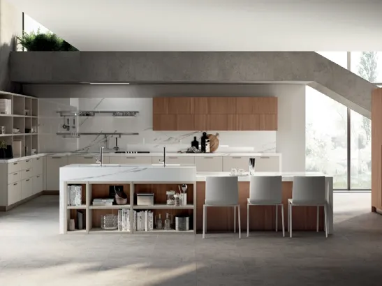Cucina su misura Mood 10 in laccato Tortora e Noce Tussah di Scavolini