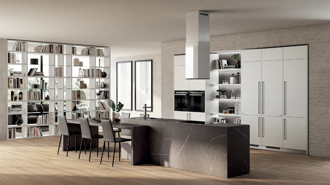 Cucina su misura Mood in Pietra Grey e Bianco Puro di Scavolini