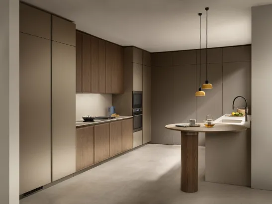 Cucina su misura con penisola Poetica 09 in Frassino, PET e laccato di Scavolini