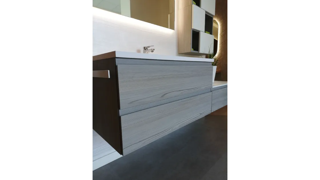 MOBILE DA BAGNO ESPOSTO IN FINITURA LEGNO GRIGIO CHIARO  - LAVABO IN RESINA BIANCA OPACA - OFFERTA OUTLET