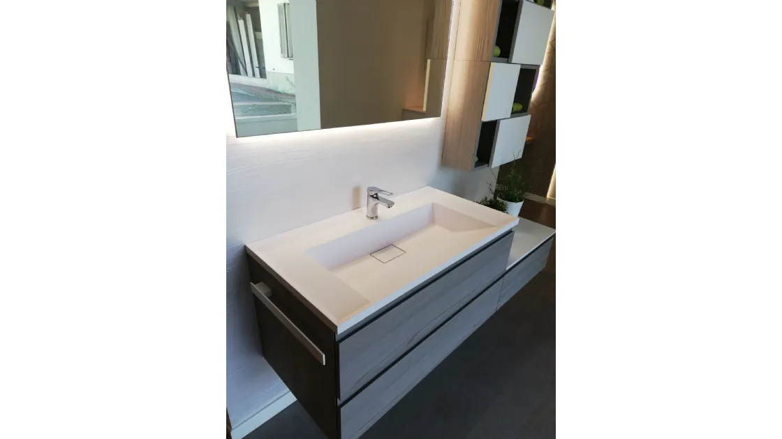 MOBILE DA BAGNO ESPOSTO IN FINITURA LEGNO GRIGIO CHIARO  - LAVABO IN RESINA BIANCA OPACA - OFFERTA OUTLET