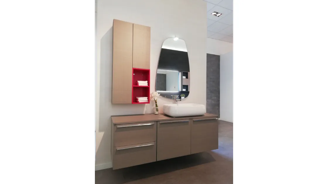 MOBILE DA BAGNO ESPOSTO DITTA ARBI IN ROVERE GRIGIO CON LAVABO TUTTO FUORI IN CERAMICA