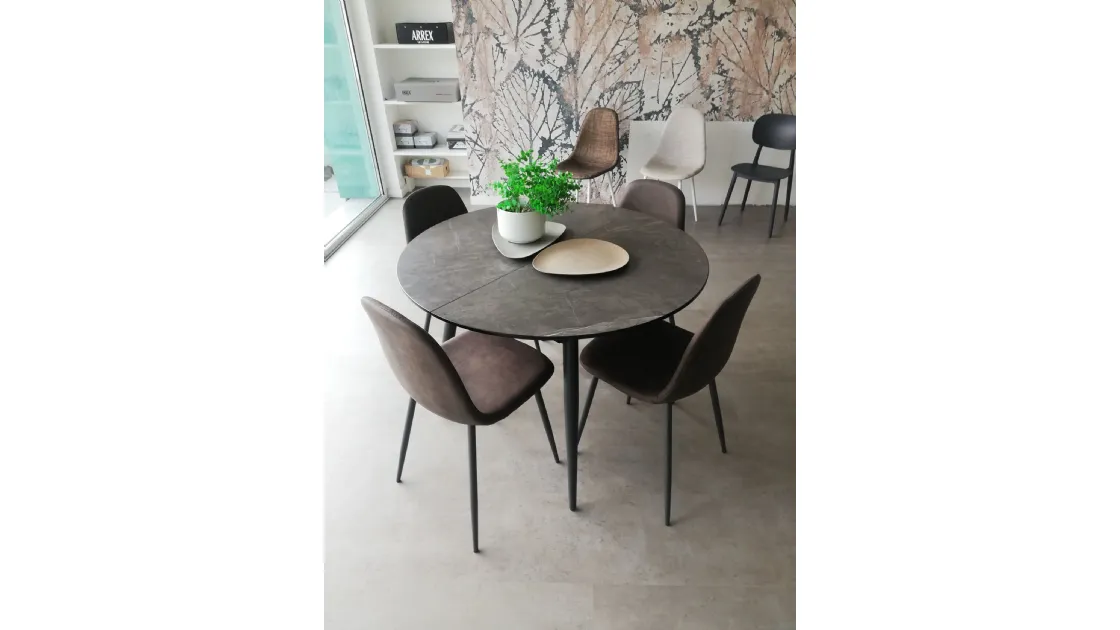 TAVOLO ROTONDO ALLUNGABILE + 4 SEDIE ECOPELLE - OFFERTA SCONTO COMPOSIZIONE ESPOSTA