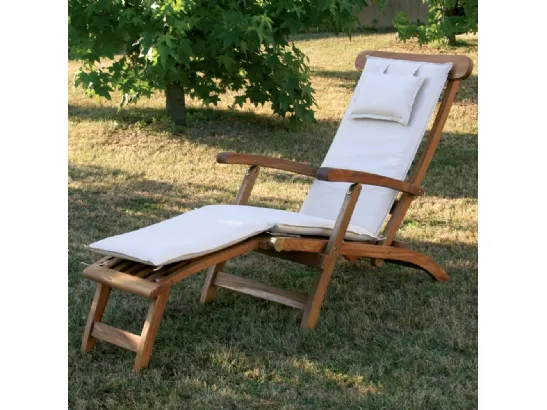 Sdraio Real Chaise Longue in legno massello di teak indonesiano con finitura olio naturale con cuscino in tesssuto imbottito di La Seggiola